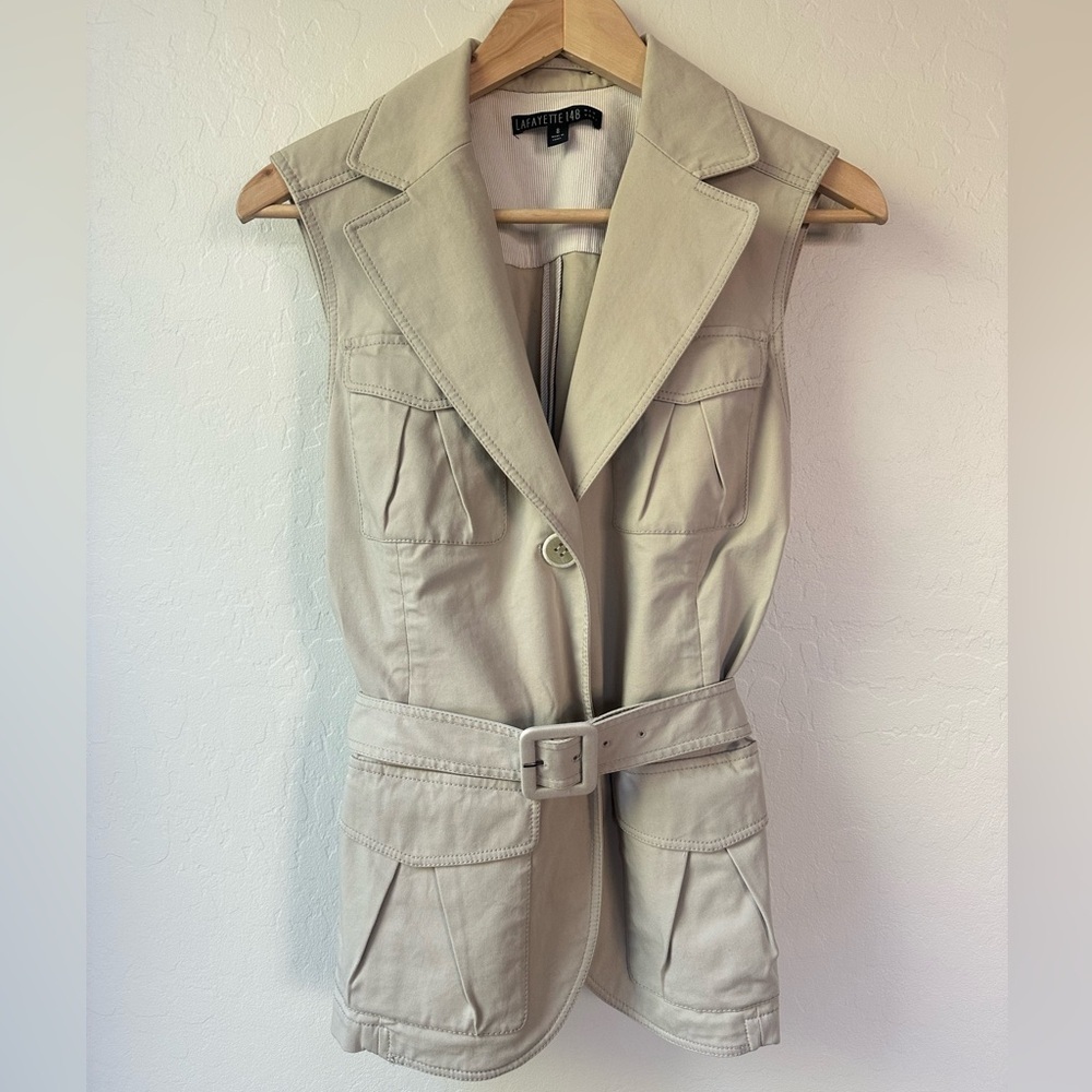 Lafayette 148 New York Tan Safari Cargo Vest Size 8 Utility Pockets - Picture 1 of 7